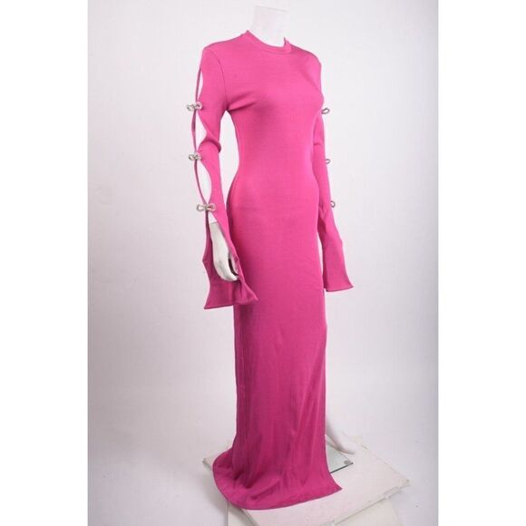 Mach & Mach Cut Out Maxi Dress Crystal Bows US 8 EU 40 Pink Long sleeved NWD - Picture 3 of 8